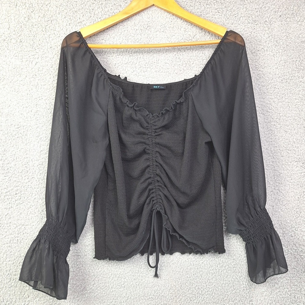 Sky Plus Top Womens Large Black Offshoulder‎ Rouched Sheer Sleeves Whimsigoth